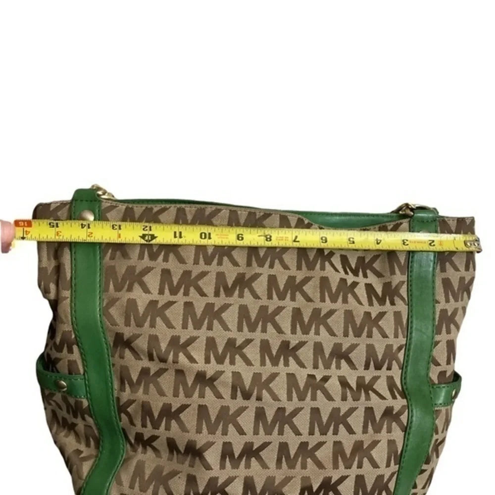 Michael Kors signature mk brown with green leather shoulder bag